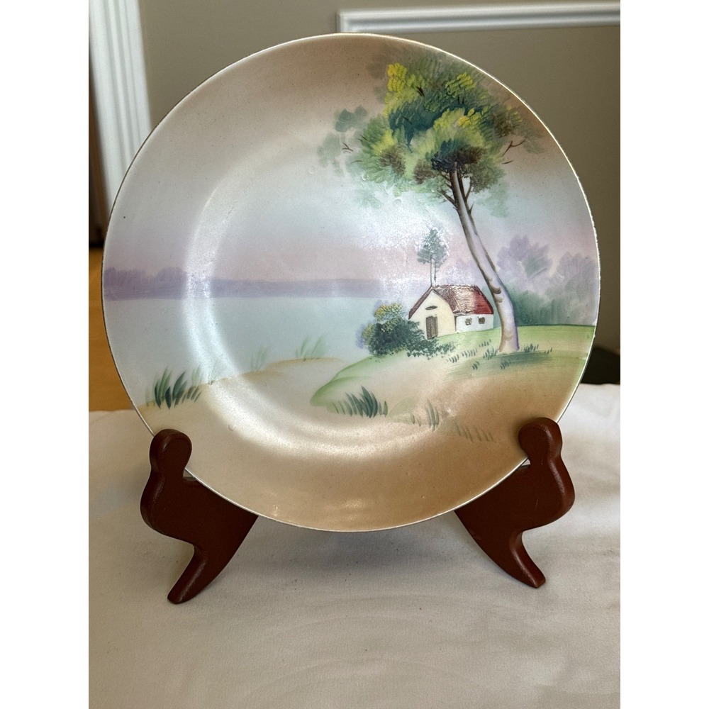 Meito China Hand Painted Landscape Plate Cottage Scene Japan 7.75in Vintage